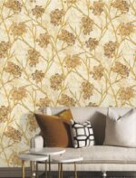 golden floral wallpaper, luxury flower wallpaper, abstract floral wall covering, peel and stick wallpaper India, waterproof vinyl wallpaper, textured floral wallpaper roll, bedroom floral décor wallpaper, living room wallpaper India, self adhesive wall sticker, modern flower design wallpaper, DIY home décor wallpaper.