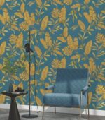 tropical leaf wallpaper, blue and golden wallpaper, luxury leaf pattern wall covering, peel and stick wallpaper India, waterproof vinyl wallpaper, exotic leaf wallpaper roll, modern botanical wallpaper design, bedroom tropical décor wallpaper, living room wallpaper India, self adhesive tropical wall sticker, bold wallpaper for accent wall.