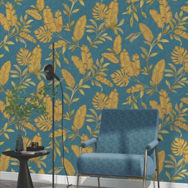 tropical leaf wallpaper, blue and golden wallpaper, luxury leaf pattern wall covering, peel and stick wallpaper India, waterproof vinyl wallpaper, exotic leaf wallpaper roll, modern botanical wallpaper design, bedroom tropical décor wallpaper, living room wallpaper India, self adhesive tropical wall sticker, bold wallpaper for accent wall.