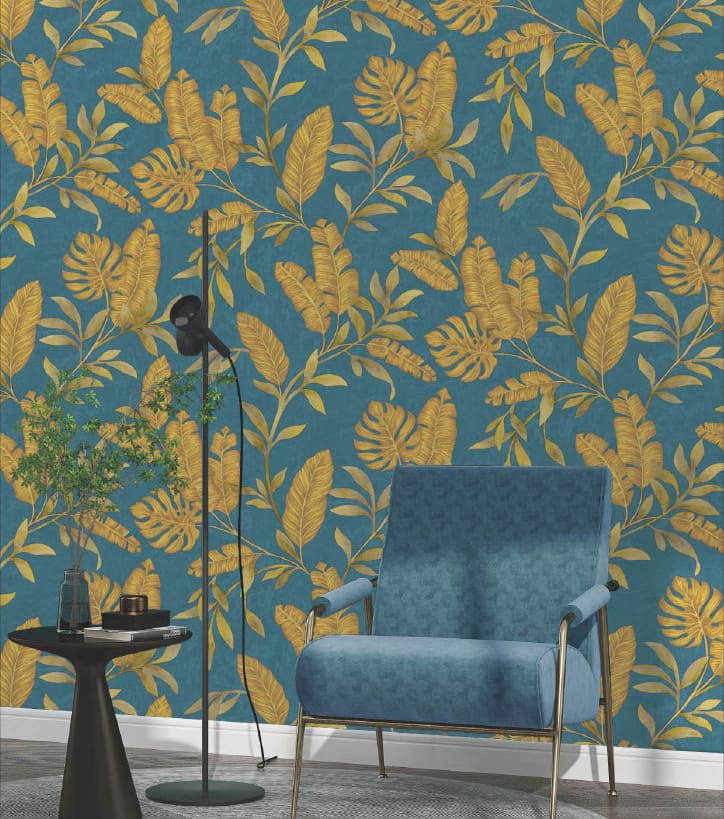 tropical leaf wallpaper, blue and golden wallpaper, luxury leaf pattern wall covering, peel and stick wallpaper India, waterproof vinyl wallpaper, exotic leaf wallpaper roll, modern botanical wallpaper design, bedroom tropical décor wallpaper, living room wallpaper India, self adhesive tropical wall sticker, bold wallpaper for accent wall.