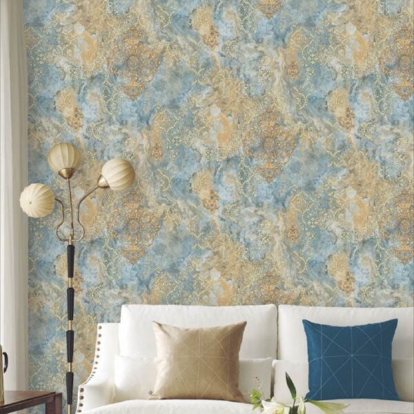 Luxury Blue & Gold Damask Marble Wallpaper Roll