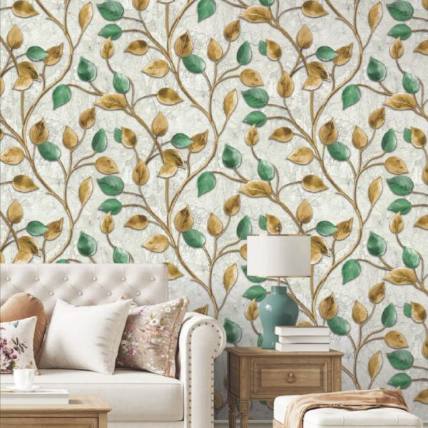 Luxury Golden & Green Leaf Vine Wallpaper Roll