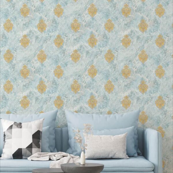 Luxury Blue Marble Wallpaper with Golden Motif Pattern