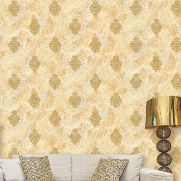 Luxury Beige Marble Wallpaper with Golden Motif Pattern