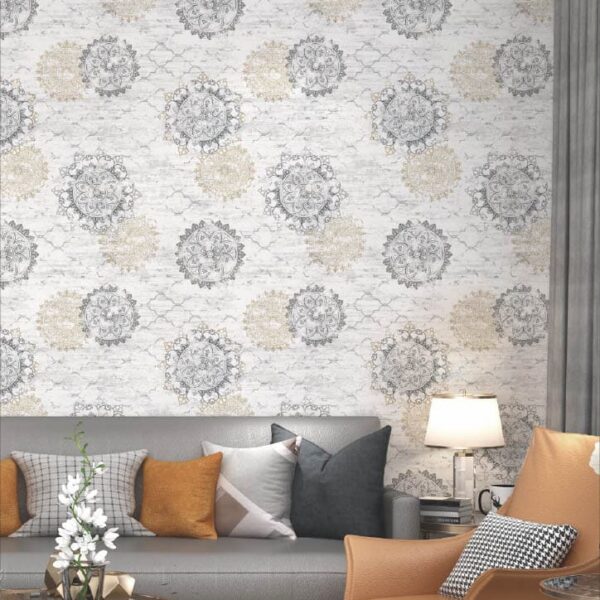 grey mandala wallpaper, beige mandala wall covering, modern wallpaper India, decorative wallpaper roll, waterproof vinyl wallpaper, peel and stick wall sticker, bedroom wall design, living room wallpaper roll, self adhesive wallpaper India, designer wallpaper, ethnic mandala wallpaper, textured wall covering, premium vinyl wallpaper roll.