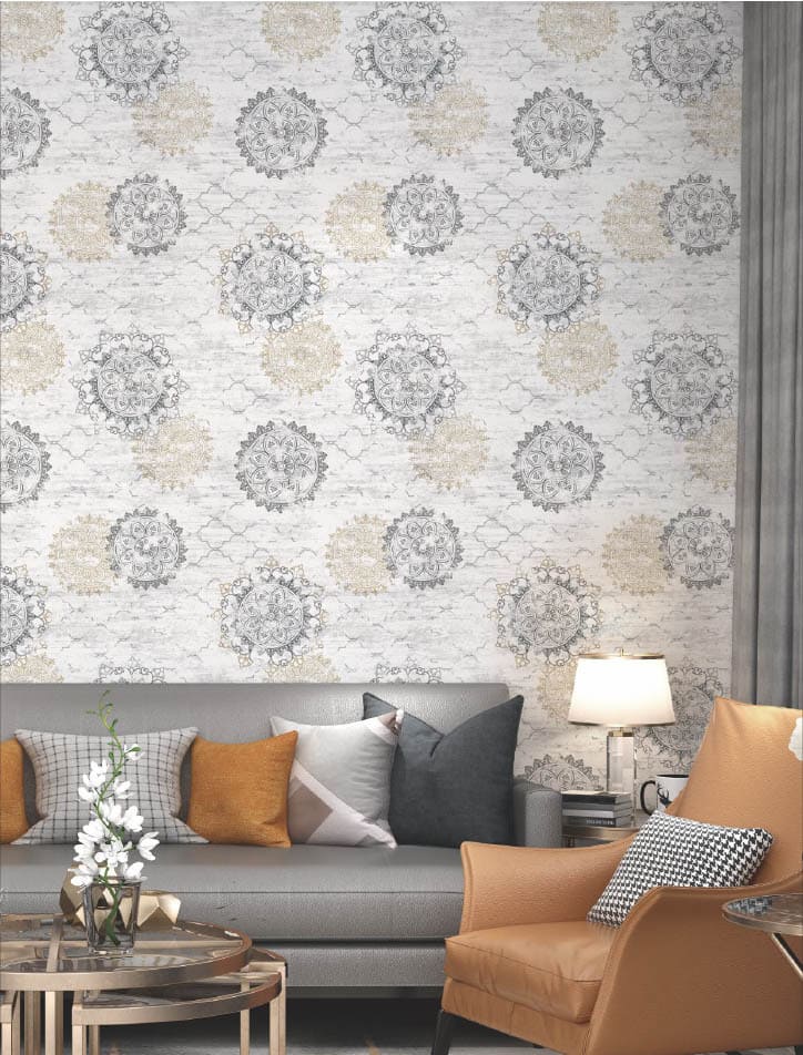 grey mandala wallpaper, beige mandala wall covering, modern wallpaper India, decorative wallpaper roll, waterproof vinyl wallpaper, peel and stick wall sticker, bedroom wall design, living room wallpaper roll, self adhesive wallpaper India, designer wallpaper, ethnic mandala wallpaper, textured wall covering, premium vinyl wallpaper roll.