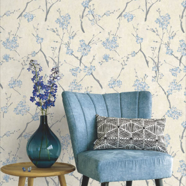 Elegant Blue Floral Branch Wallpaper