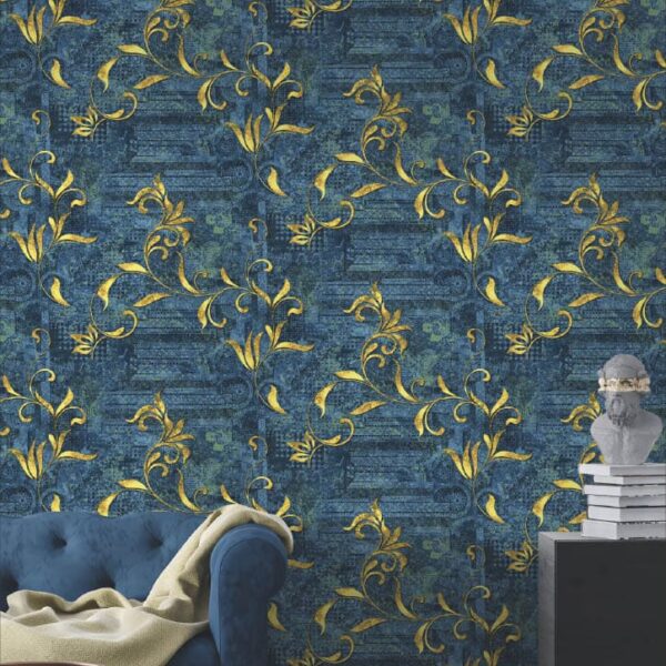 Luxury Blue & Golden Vine Wallpaper