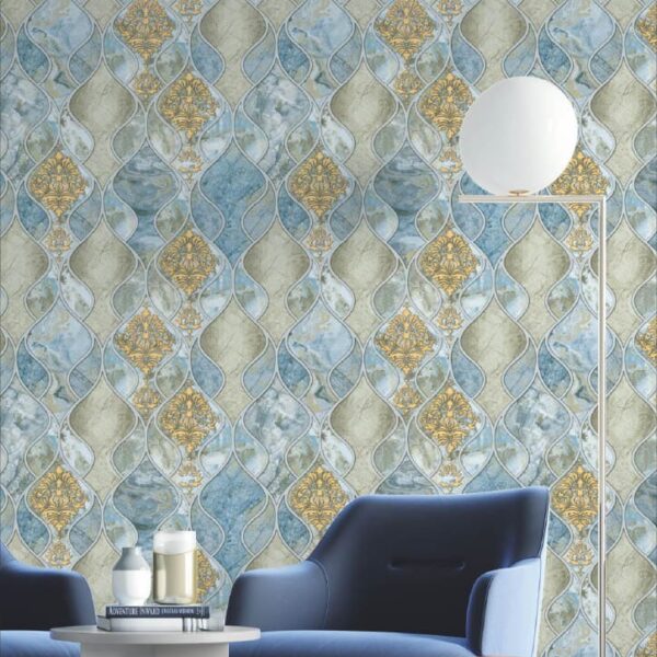 blue golden wallpaper, abstract geometric wallpaper, luxury peel and stick wallpaper, waterproof vinyl wallpaper India, designer wall covering, bedroom wall décor wallpaper, living room wallpaper roll, self adhesive wall sticker, textured vinyl wallpaper India, modern geometric wall design, DIY wallpaper for home décor.
