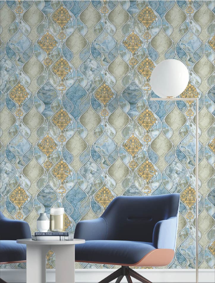 blue golden wallpaper, abstract geometric wallpaper, luxury peel and stick wallpaper, waterproof vinyl wallpaper India, designer wall covering, bedroom wall décor wallpaper, living room wallpaper roll, self adhesive wall sticker, textured vinyl wallpaper India, modern geometric wall design, DIY wallpaper for home décor.