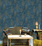 Navy blue and gold wallpaper Luxury damask wallpaper design Royal textured wall décor Elegant wallpaper for living room Dark blue designer wallpaper Premium gold pattern wall covering Classic damask wallpaper for bedroom Stylish navy blue wall art Washable luxury wallpaper online Regal wallpaper for modern interiors