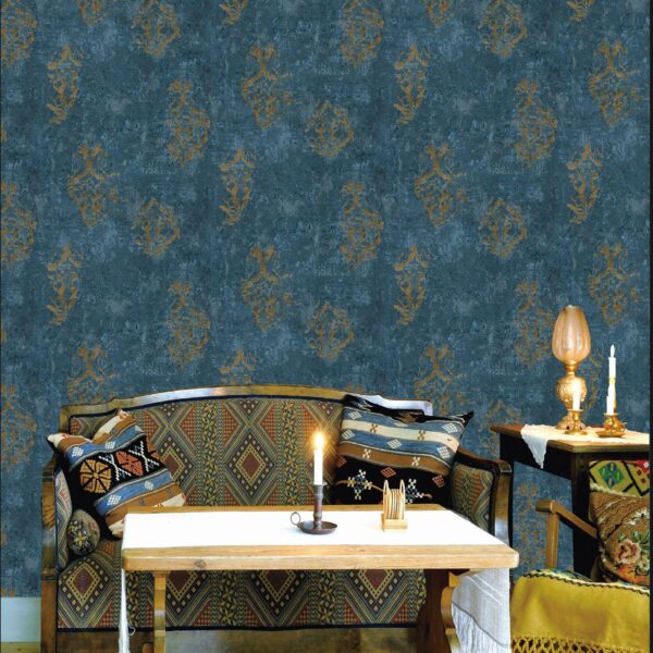Navy blue and gold wallpaper Luxury damask wallpaper design Royal textured wall décor Elegant wallpaper for living room Dark blue designer wallpaper Premium gold pattern wall covering Classic damask wallpaper for bedroom Stylish navy blue wall art Washable luxury wallpaper online Regal wallpaper for modern interiors